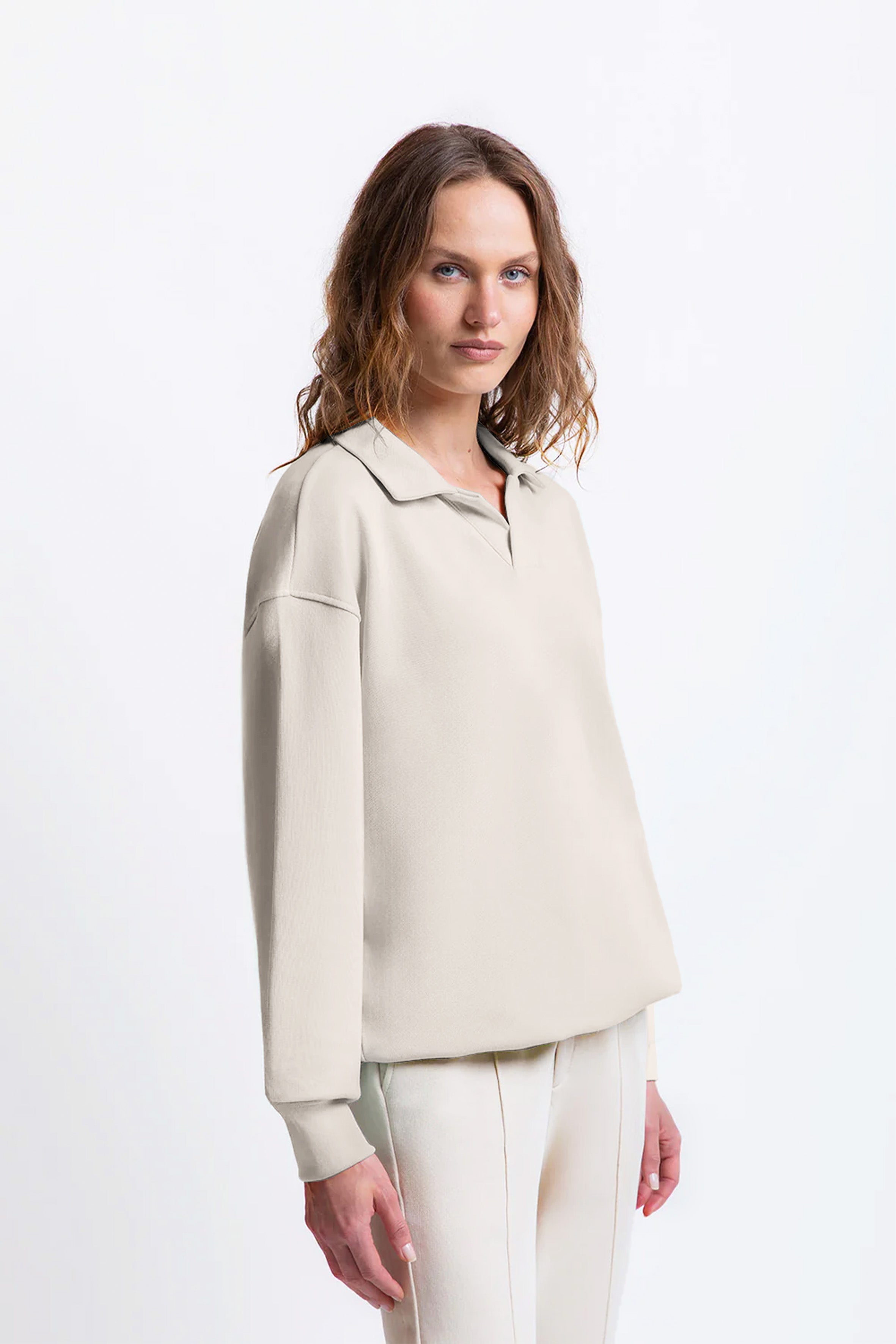 %100 organik pamuk kadın krem renk polo yaka sweatshirt #Renk_Krem