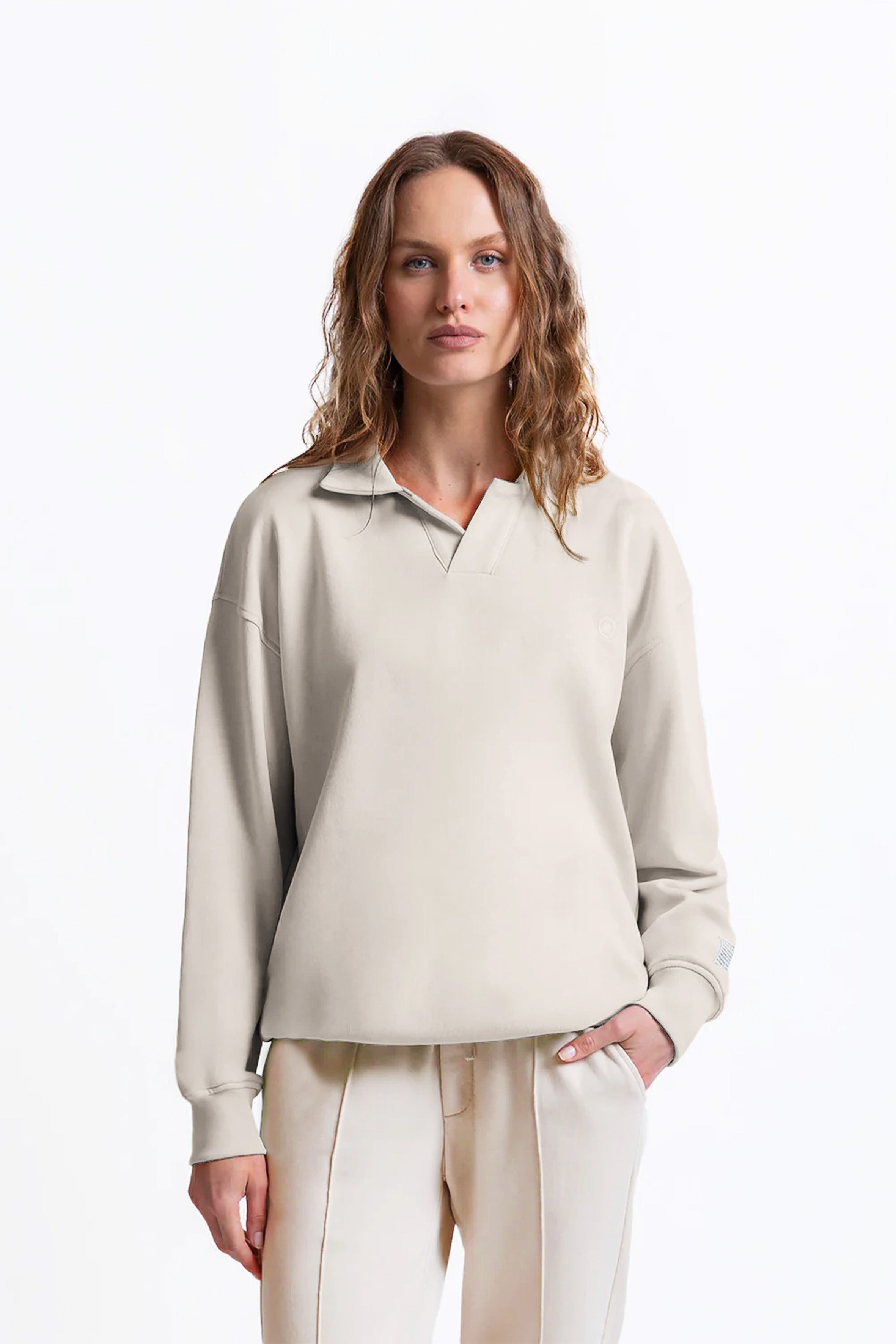 %100 organik pamuk kadın krem renk polo yaka sweatshirt #Renk_Krem