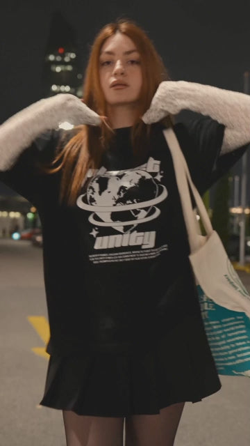 Siyah pamuklu oversize baskılı kadın tişört #Renk_Siyah