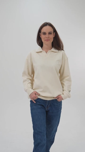 Krem pamuklu kadın polo yaka sweatshirt #Renk_Krem