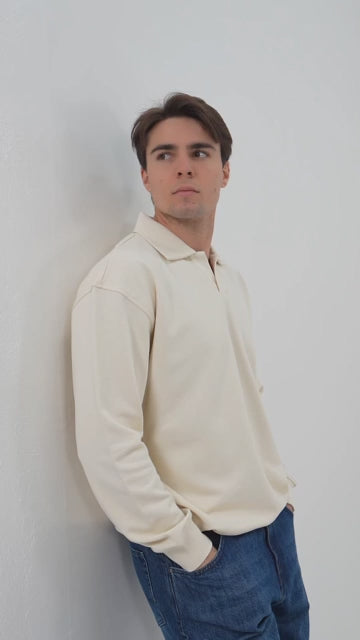 Krem pamuklu erkek polo yaka sweatshirt #Renk_Krem