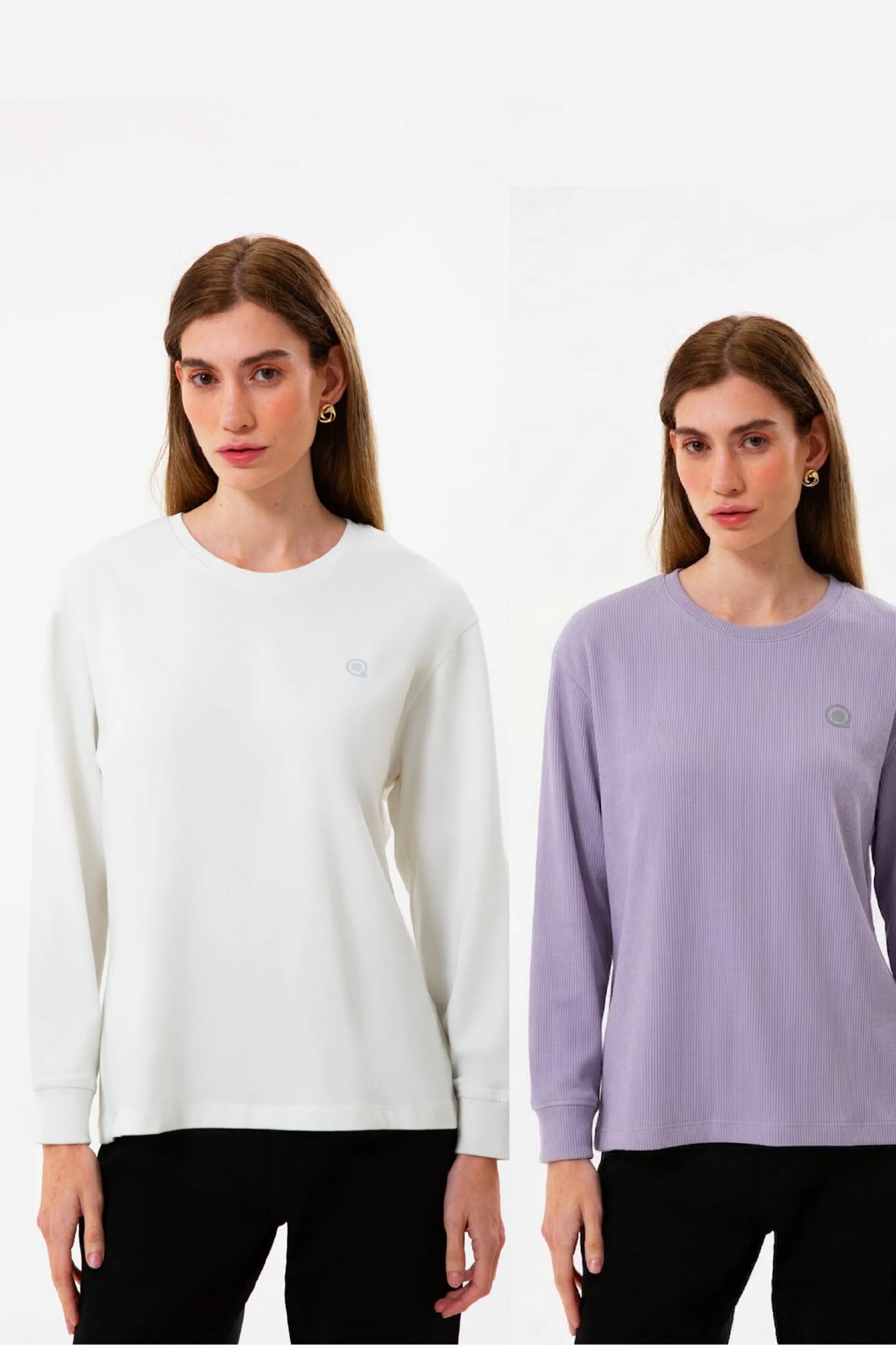 %100 Organik Pamuk Kadın Bisiklet Yaka Ribanalı 2’li Set – Lila & Beyaz