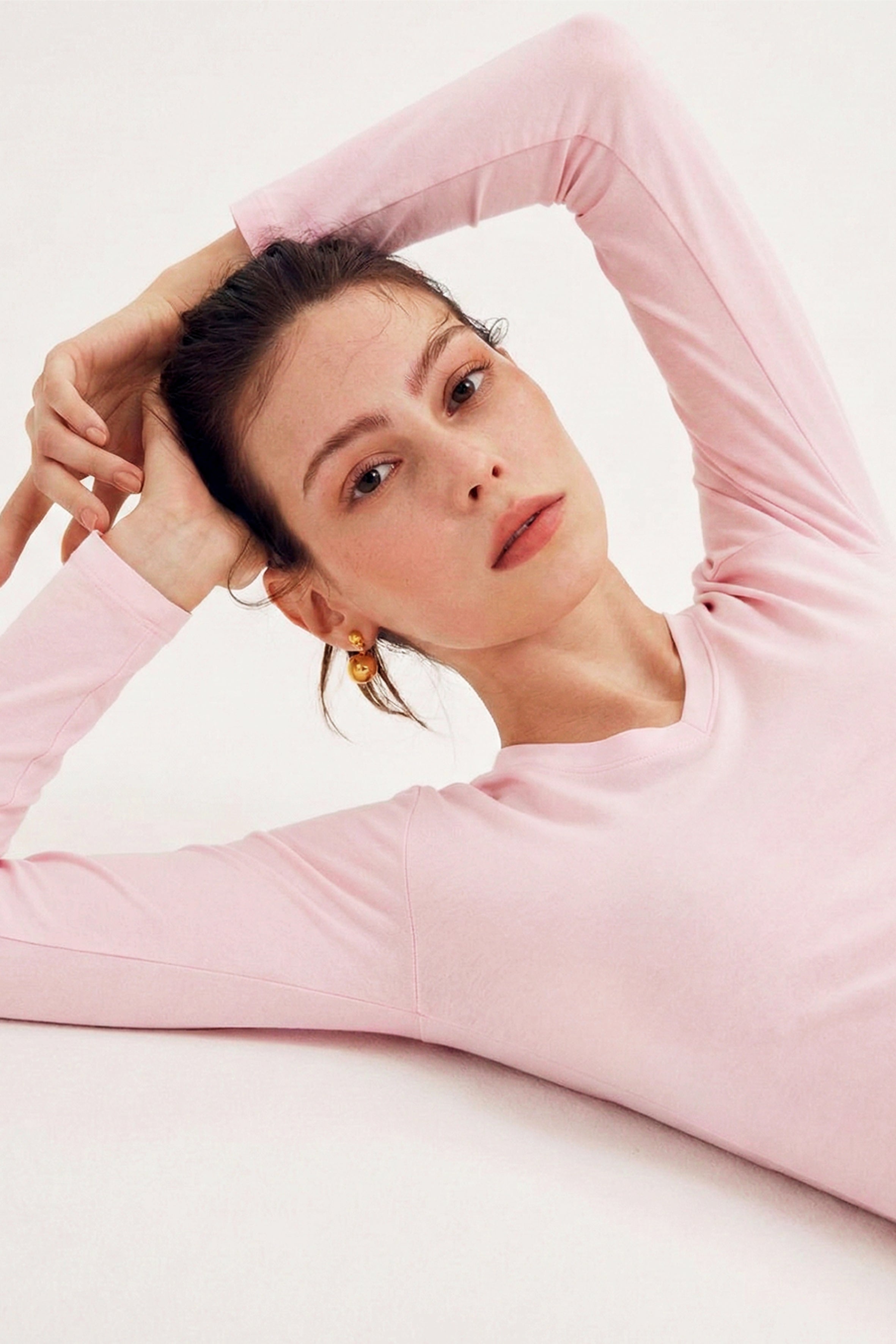 Organik Pamuk Pembe Kadın Uzun Kollu V Yaka Bluz