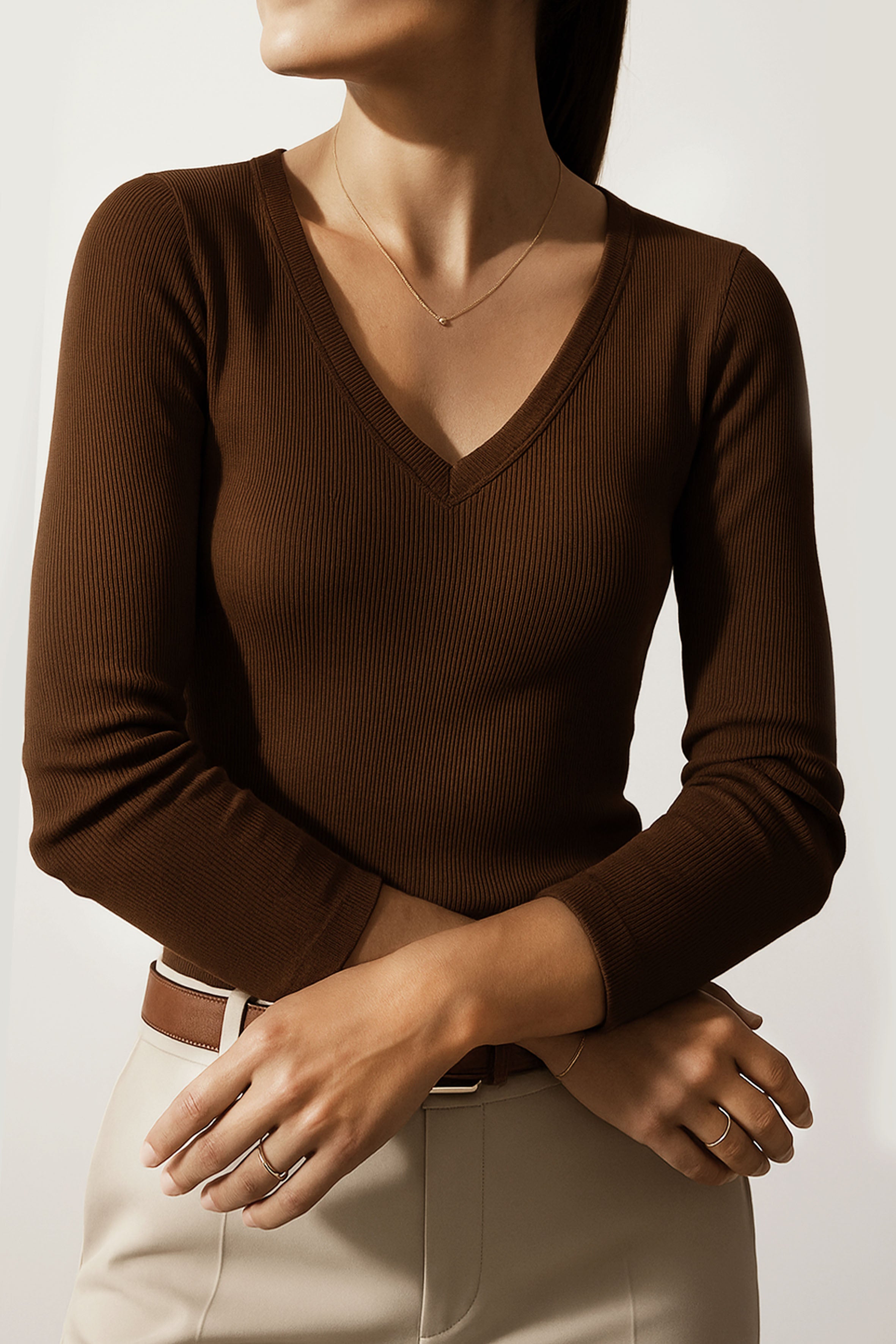 Organik Pamuklu Kahverengi Fitilli Kadın Uzun Kollu V Yaka Bluz