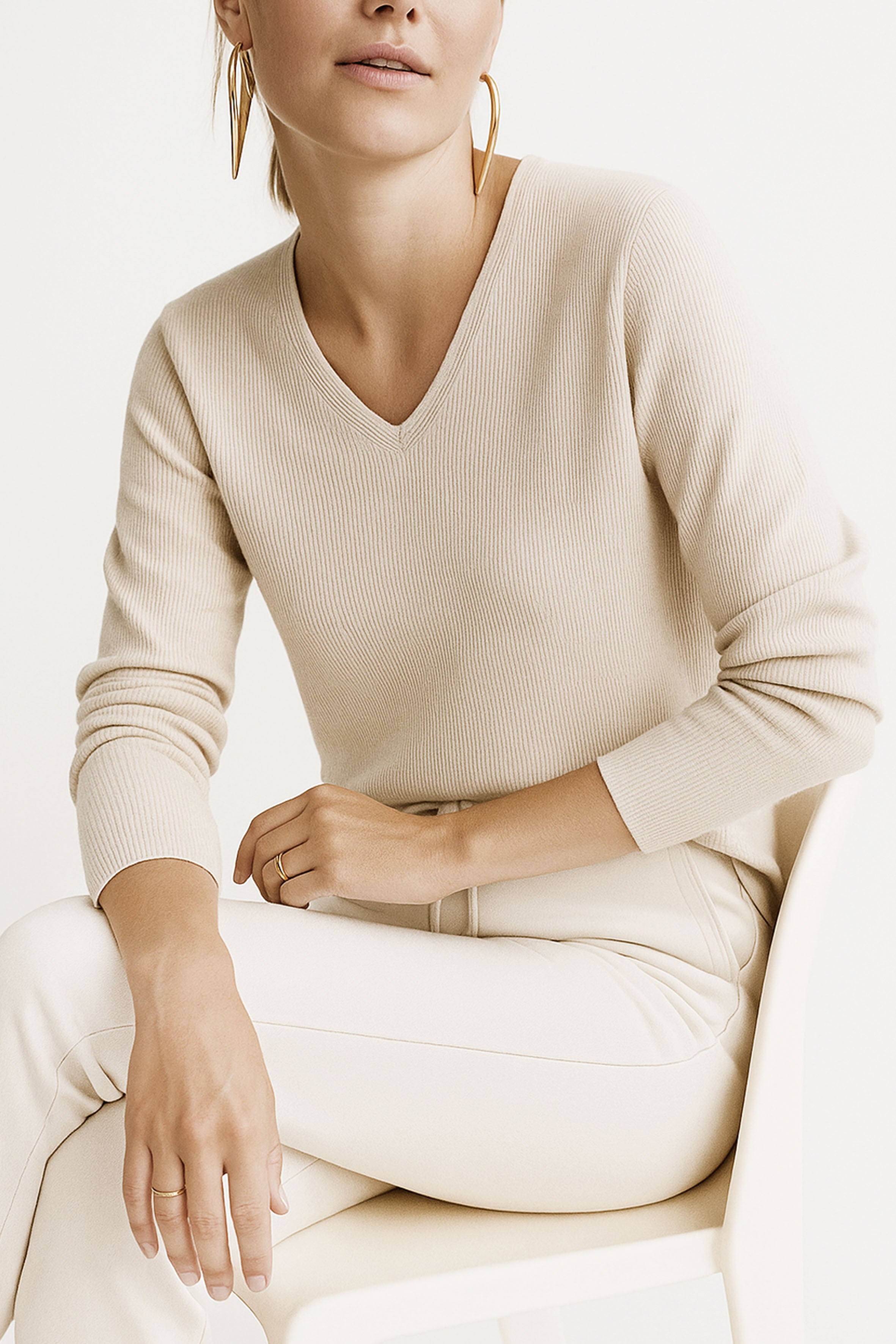 Organik Pamuklu Bej Fitilli Kadın Uzun Kollu V Yaka Bluz